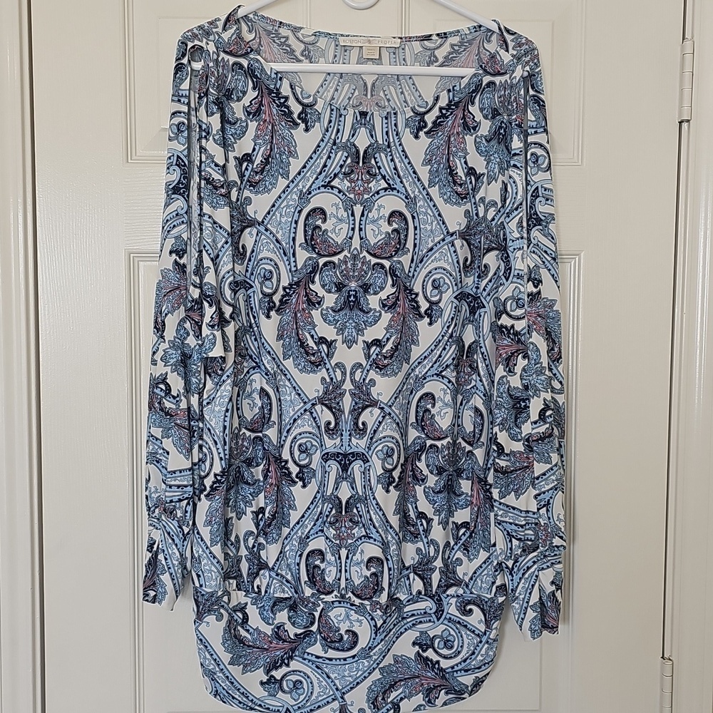 NWOT Boston Proper Paisley Long Sleeve Cold Shoulder Ruched Blouse. LARGE. Blue